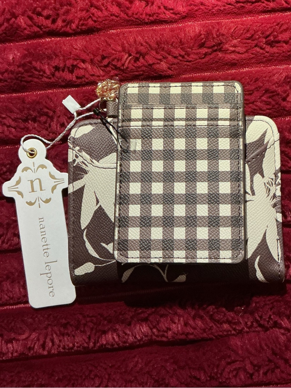 Nanette Lepore Brown and Cream Floral Card Wallet with Gold Logo - Picture 3 of 6